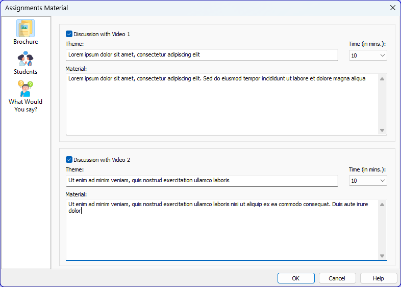 Brochure tab of the Assignments Material window