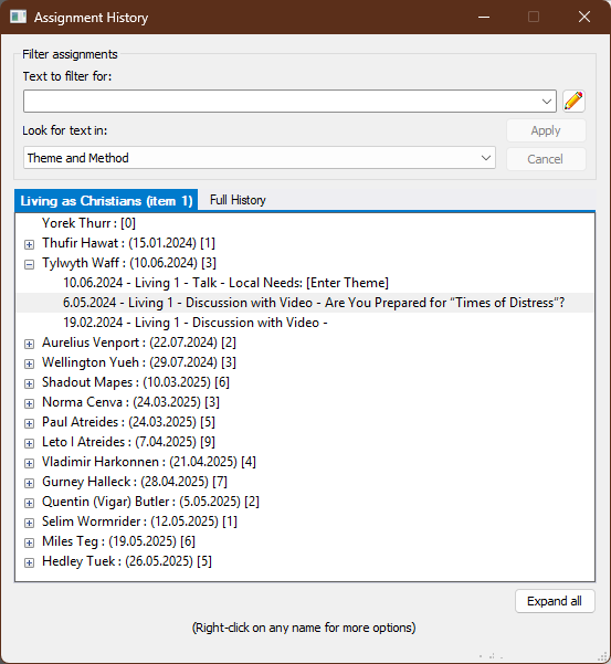 Assignment history - showing extra details