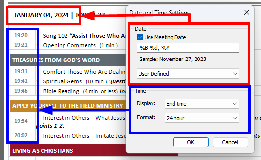 Set DEfaults - Date and Time settings window