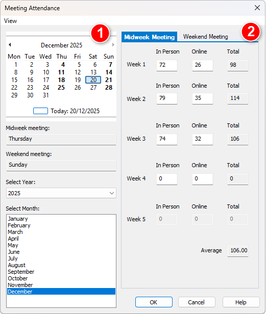 The Meeting Attendance window showing the calendar and attendance entry fields.