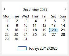 Calendar with meeting days displayed in bold.