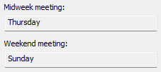 Read-only fields showing the midweek and weekend meeting days.