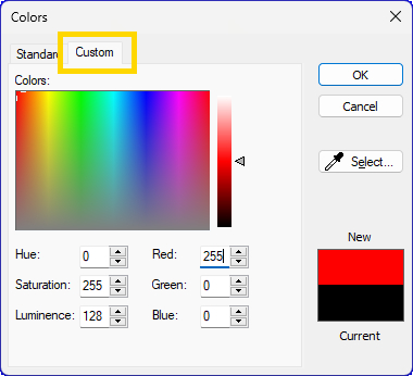 Colours window Custom tab