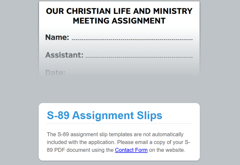 Screenshot of the Meeting Editor showing the S‑89 Assignment Slip placeholder message and link to the online contact form for requesting templates.