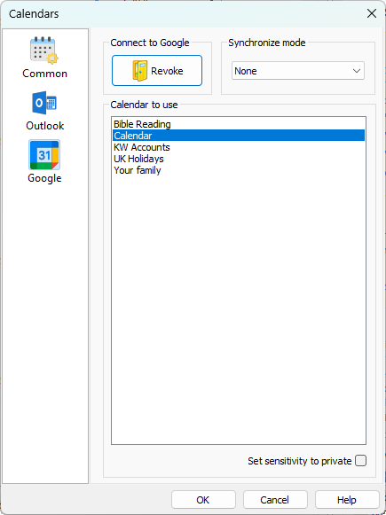 Calendars window showing the Google tab. The user is signed in and has selected a calendar from the list. Synchronisation mode and privacy options are visible.