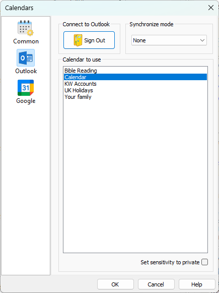 Calendars window showing the Outlook tab. The user is signed in and has selected “Calendar” from a list of available Outlook calendars, including Bible Reading, KW Accounts, UK Holidays, and Your family. Options for synchronization mode and privacy sensitivity are visible.