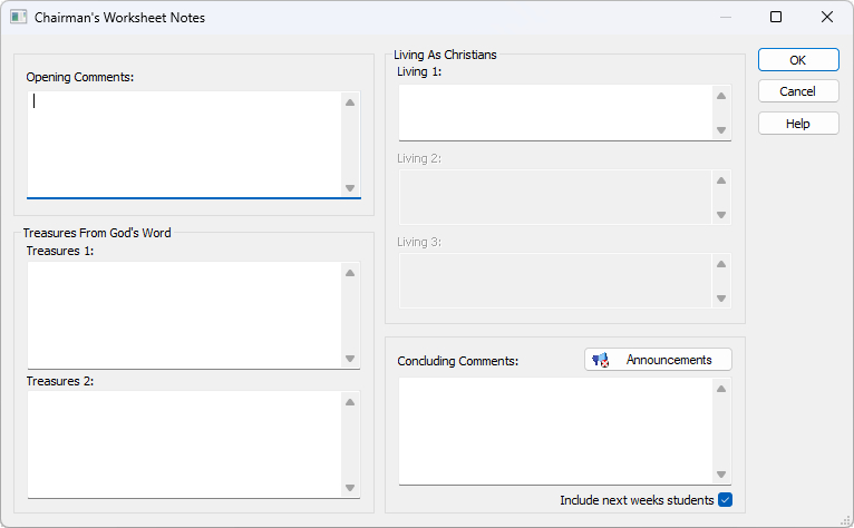 Chairman&apos;s Worksheet Notes Window