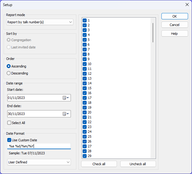 Congregation database report setup window