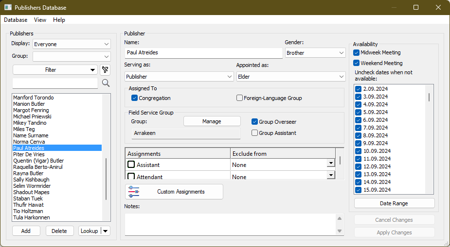 Publishers Database Window