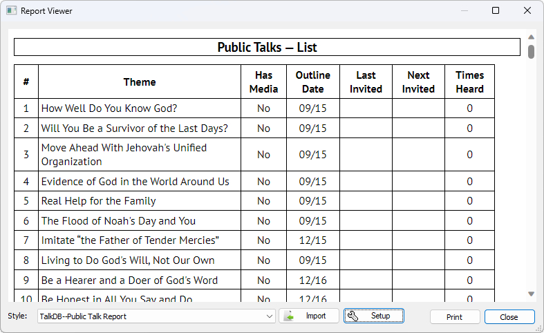 Public talks database Report Viewer