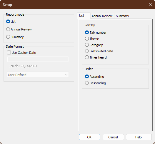 Public Talks database report setup window
