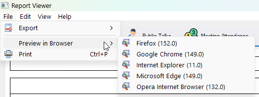 Report Viewer window showing the File → Export → Preview in Browser menu. A submenu lists available browsers for previewing reports: Firefox (152.0), Google Chrome (149.0), Internet Explorer (11.0), Microsoft Edge (149.0), and Opera Internet Browser (132.0). The Preview in Browser option is highlighted with a pointer.