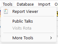 Tools menu expanded, showing Public Talks, Visits Rota, and More Tools options. The More Tools item opens a submenu for additional utilities such as Center Cursor on Screen.