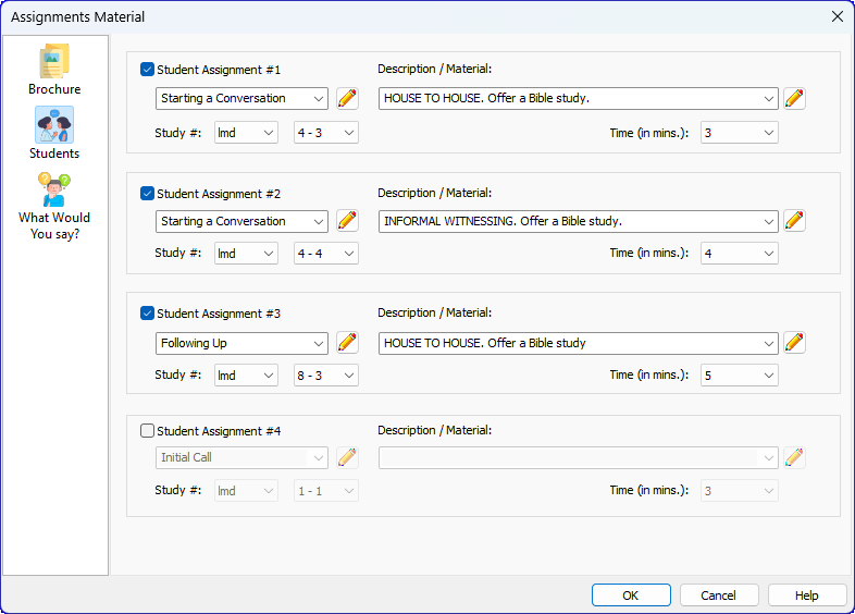 Students tab of the Assignments Material window