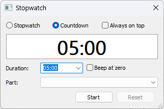 The Stopwatch window in Countdown mode, opened from the meeting editor