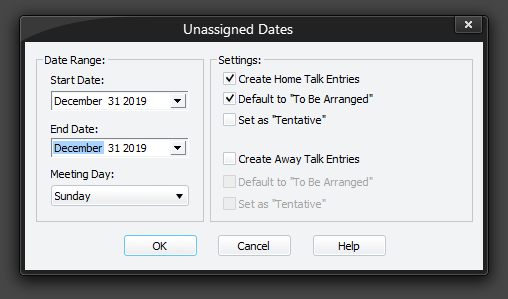 Unassigned Dates window