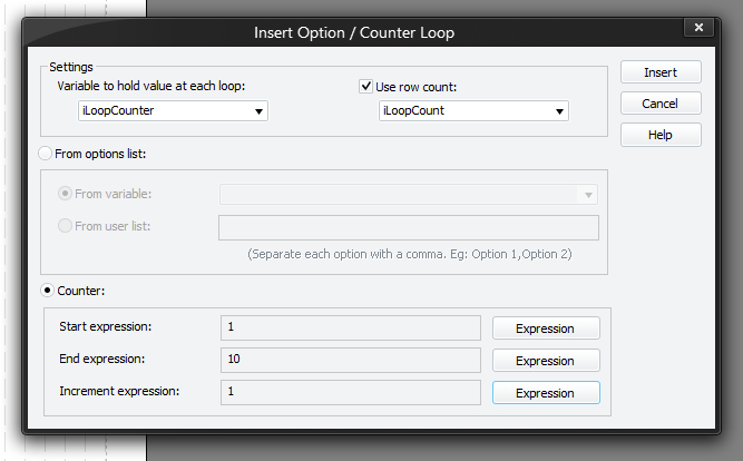 Option / Counter Loop Window