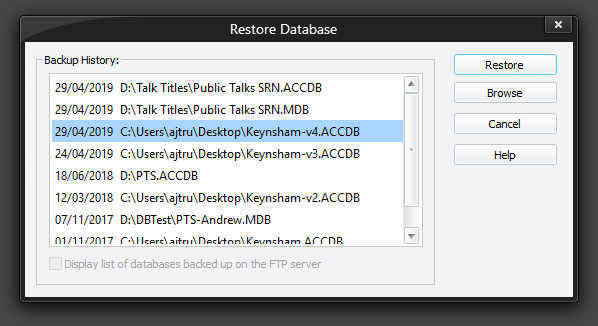 Restore Database window