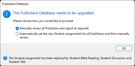 Upgrade Publishers Database popup message