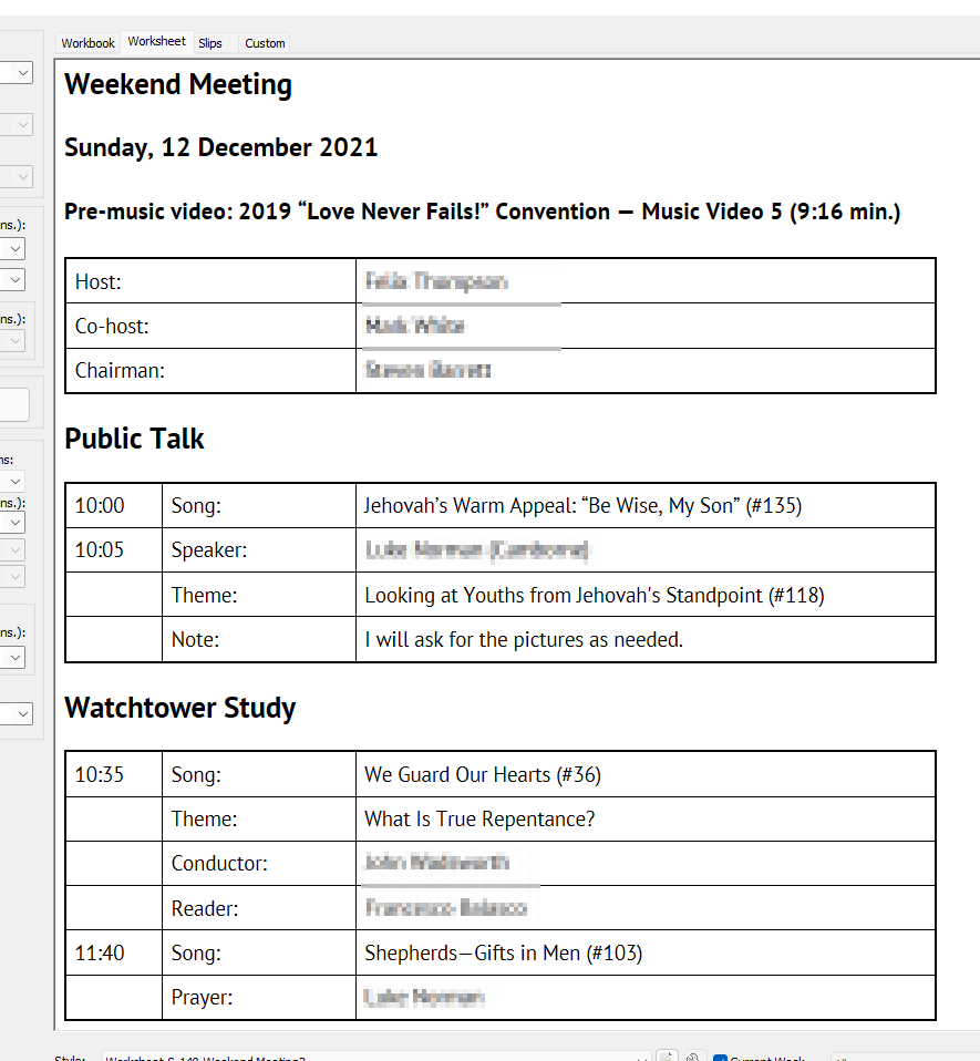 Weekend Meeting — Worksheet