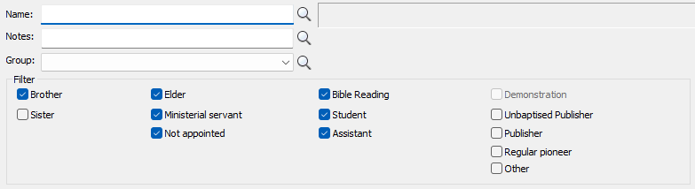 Student Selector window - Group filter