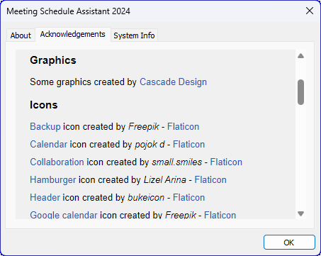 About window — Acknowledgements tab