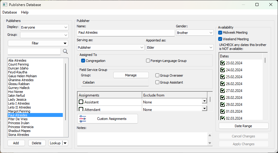 Publishers Database Window