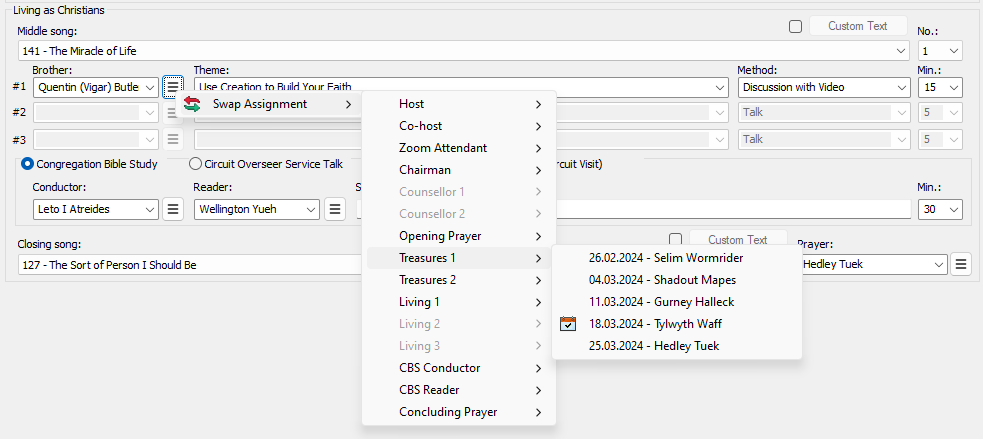 Hamburger button and Swap Assignment context menu in action