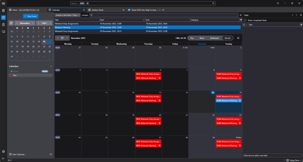 Thunderbird calendar application displaying importer iCalendar data.