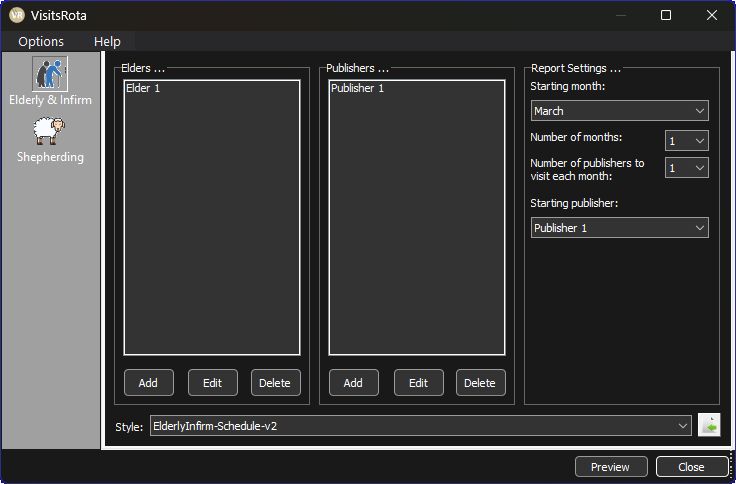 Screenshot of VisitsRota in dark mode