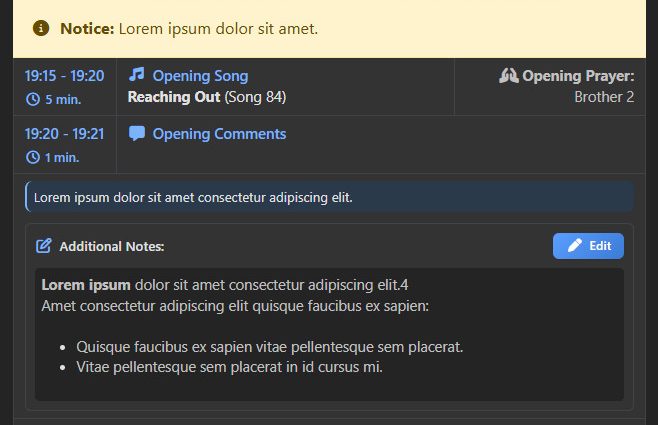 Screenshot of the new Worksheet‑New‑Look template displayed in dark mode. The page has a clean, modern layout using Bootstrap 5 styling with Font Awesome 7 icons. The background is charcoal‑grey, with panels and borders in slightly lighter tones for contrast. Section headers such as ‘Opening Comments’, ‘Treasures From God’s Word’, and ‘Living as Christians’ appear in high‑contrast light text. Small icon markers sit beside each heading, rendered in a muted light colour suitable for dark mode. Custom‑note areas are visible as subtle outlined boxes, each containing placeholder text indicating where user‑added notes can appear. Overall, the template looks balanced and readable, with spacing and typography optimised for dark‑mode viewing.