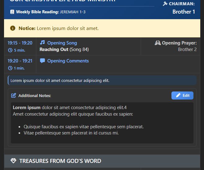 Screenshot of the new Worksheet‑New‑Look template displayed in dark mode. The page has a clean, modern layout using Bootstrap 5 styling with Font Awesome 7 icons. The background is charcoal‑grey, with panels and borders in slightly lighter tones for contrast. Section headers such as ‘Opening Comments’, ‘Treasures From God’s Word’, and ‘Living as Christians’ appear in high‑contrast light text. Small icon markers sit beside each heading, rendered in a muted light colour suitable for dark mode. Custom‑note areas are visible as subtle outlined boxes, each containing placeholder text indicating where user‑added notes can appear. Overall, the template looks balanced and readable, with spacing and typography optimised for dark‑mode viewing.