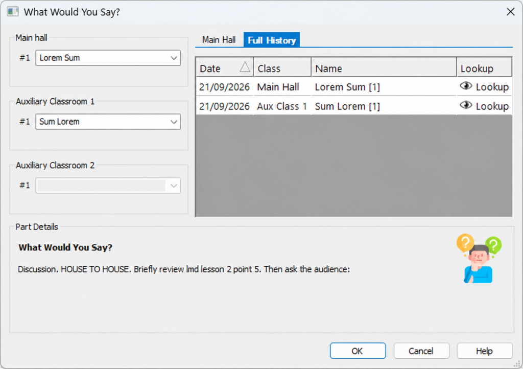 Screenshot of the ‘What Would You Say?’ assignment window showing dropdown lists for selecting which brother will handle each item.