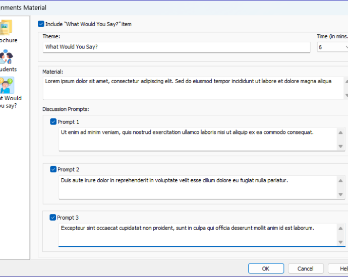 Screenshot of the new “What Would You Say?” window in Meeting Schedule Assistant, showing fields for theme, material, and discussion prompts.