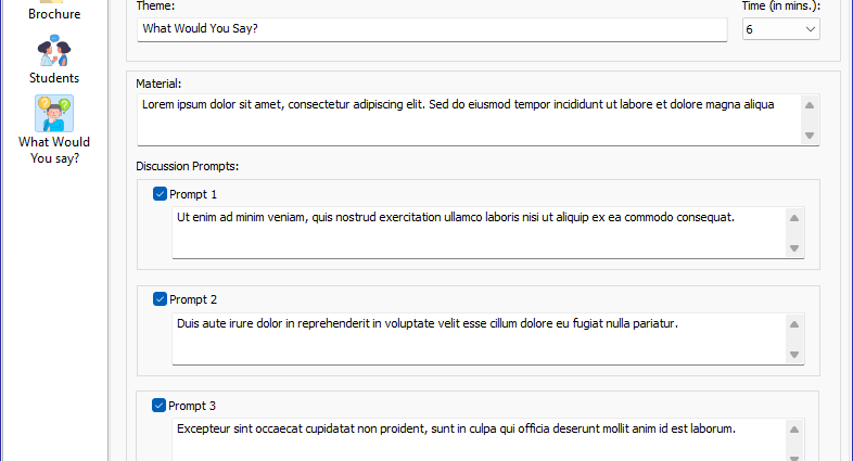 Screenshot of the new “What Would You Say?” window in Meeting Schedule Assistant, showing fields for theme, material, and discussion prompts.