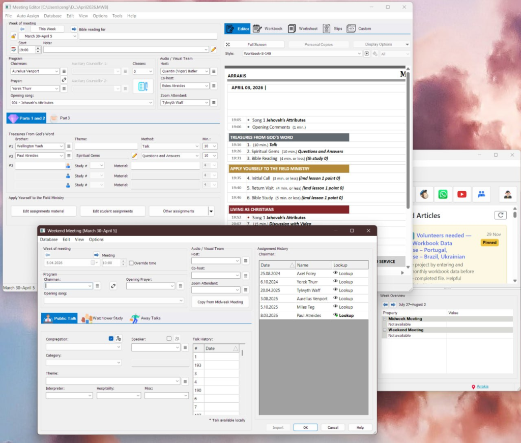 Screenshot showing the new tabbed layout in both the Meeting Editor and Weekend Meeting Editor windows side-by-side.